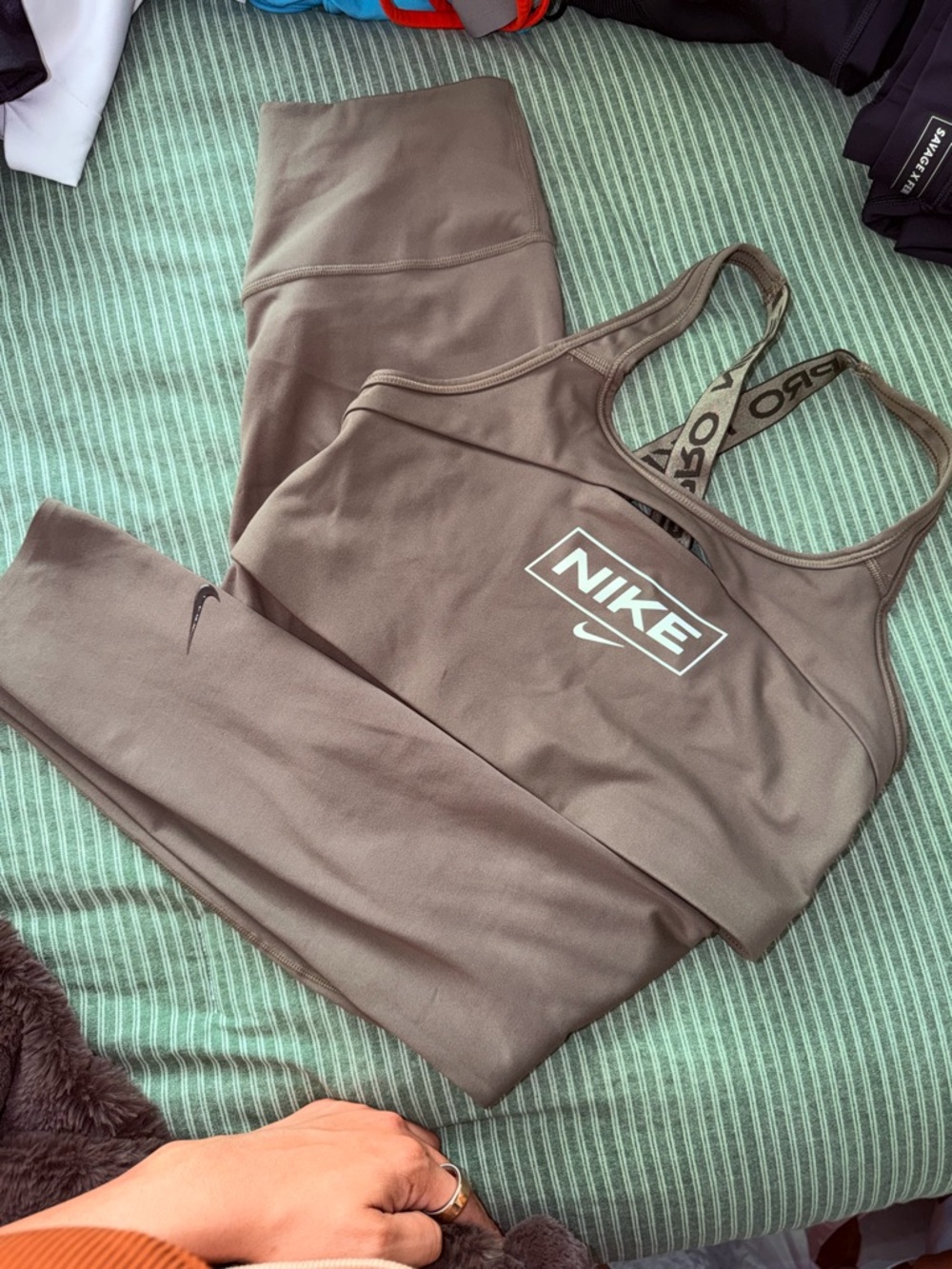 Nike Taupe Brown Sports Bra and High-Waist Leggings Set